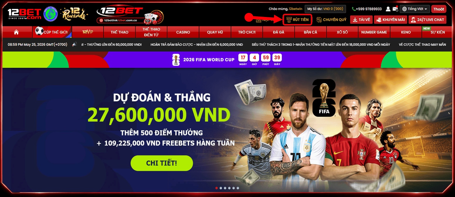 Bước 1: Đăng nhập vào tài khoản 12BET Bước 1: Đăng nhập vào tài khoản 12BET