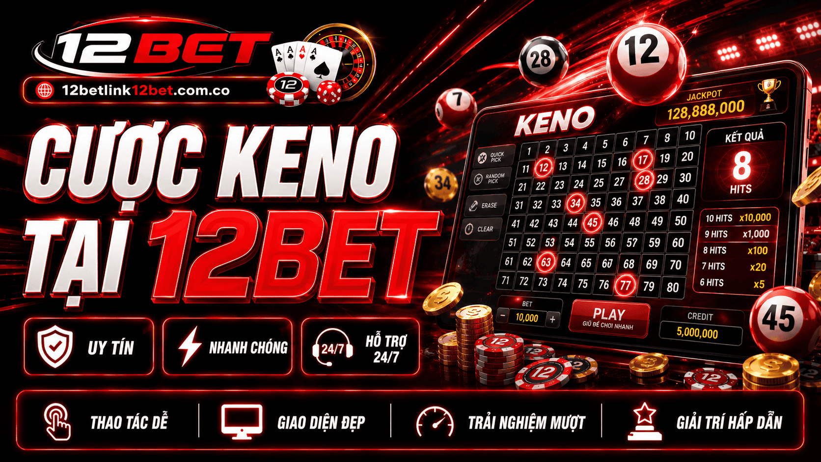 Cược Keno chơi đơn giản, thưởng hấp dẫn tại 12BET